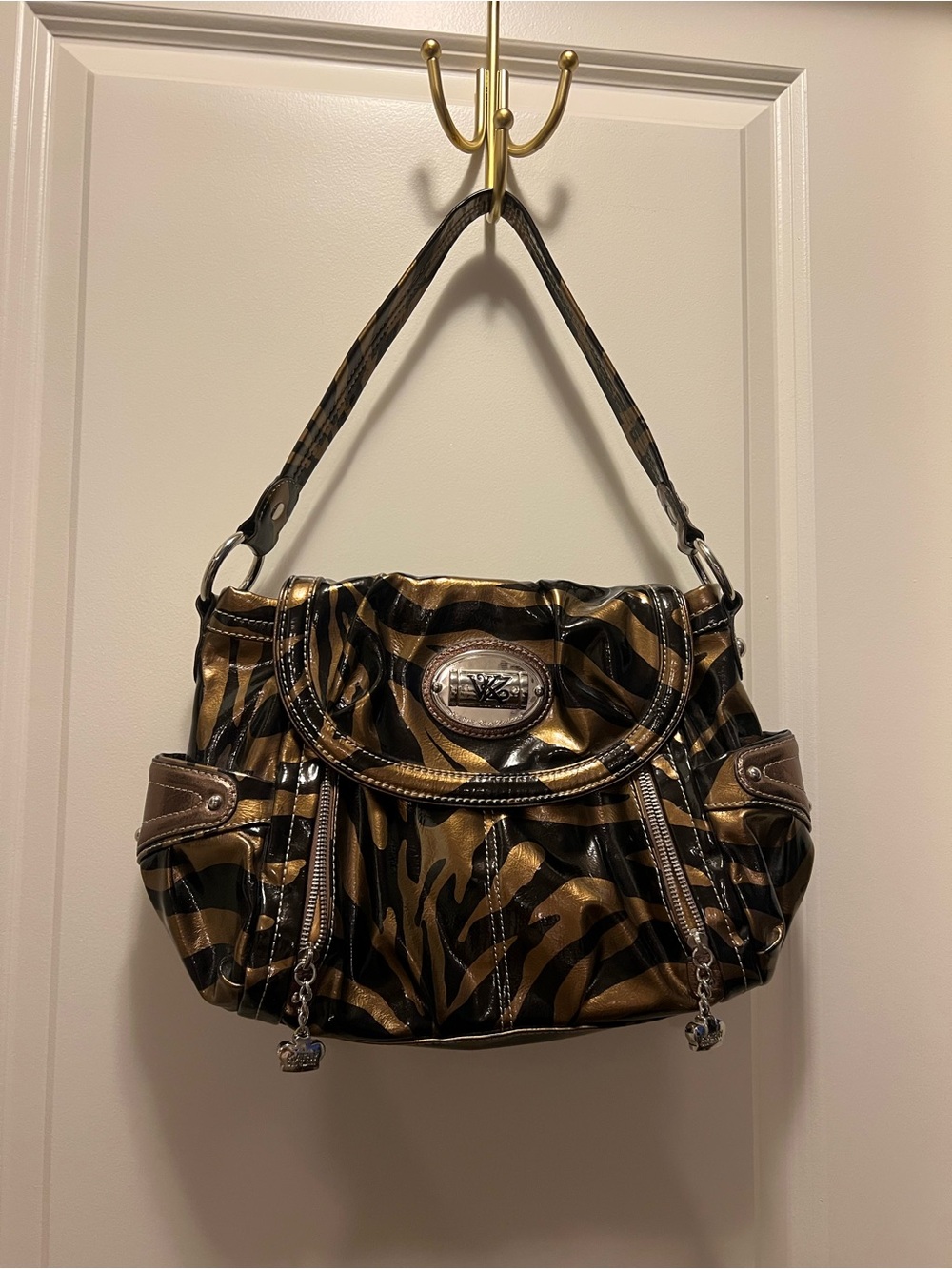 Vintage 2000s Kathy Van Zeeland Metallic Gold Zebra-Print Shoulder Bag